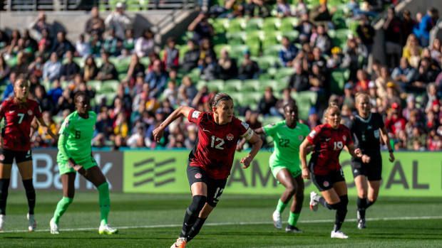Christine Sinclair pictured (center) during Canada's game against Nigeria at the 2023 Women's World Cup